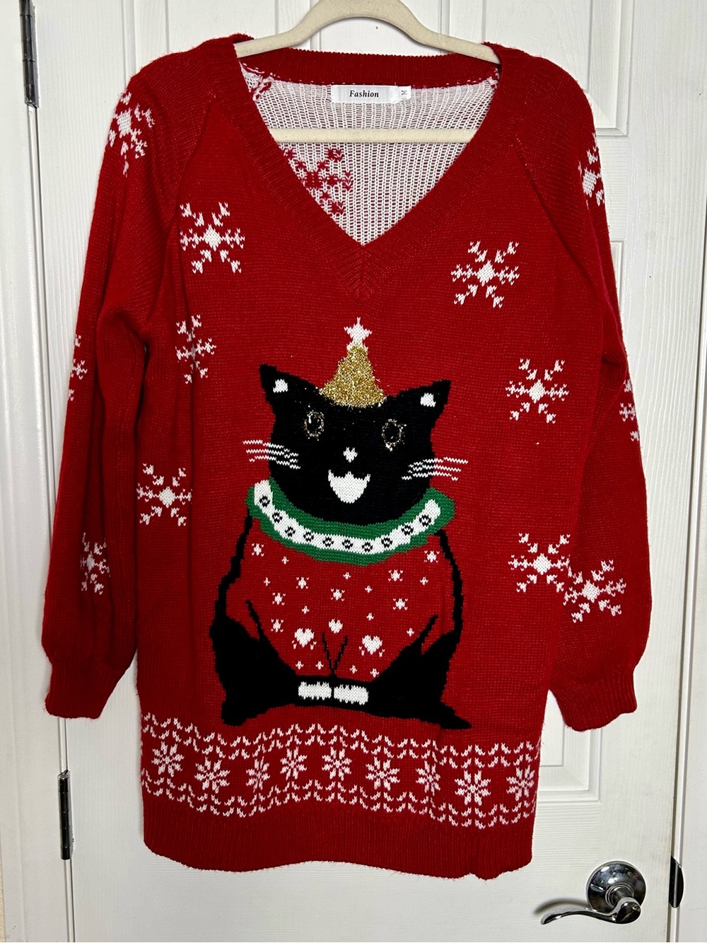 Red Black Cat Ugly Christmas Tunic / Sweater Dress V-Neck Holiday Party Medium M